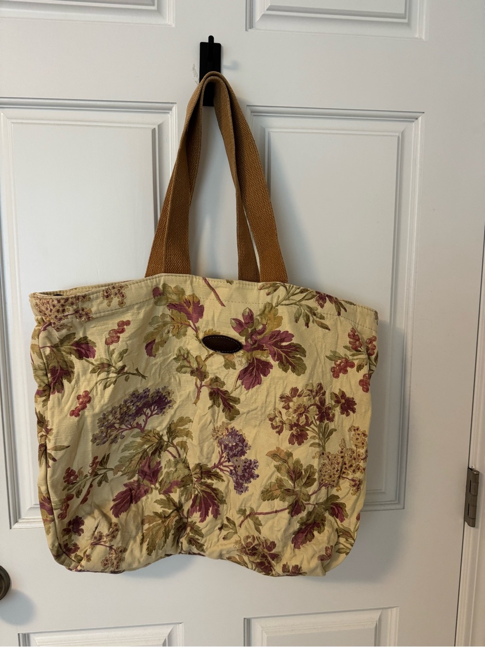 Vintage Laura Ashley Cream Floral Canvas Tote with Purple Accents